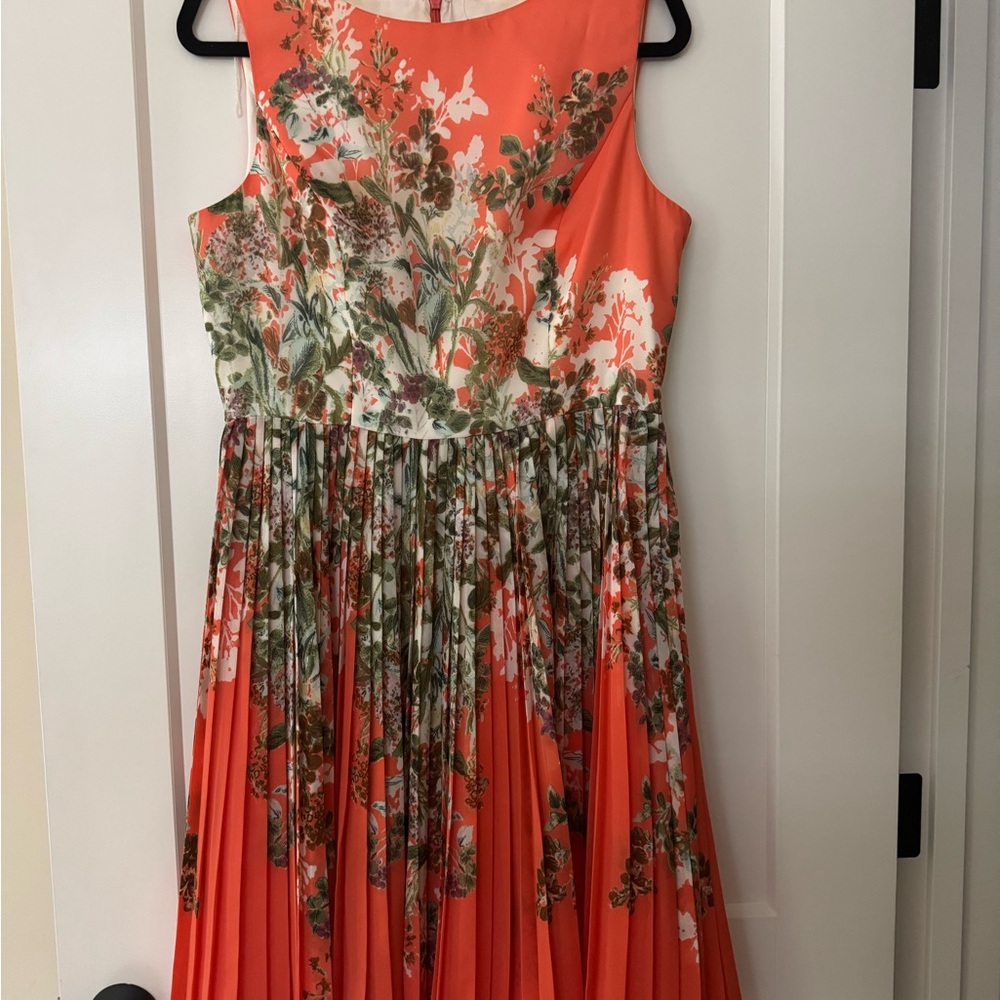 Adrianna Papell Orange Green Pleated Maxi Dress size 12